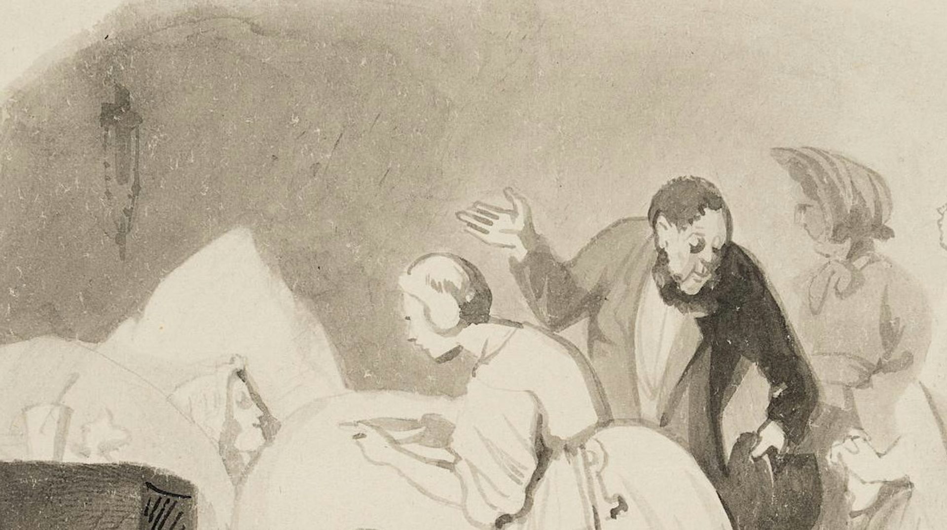 Groupe de personnes au chevet d’une femme allongée dans un lit