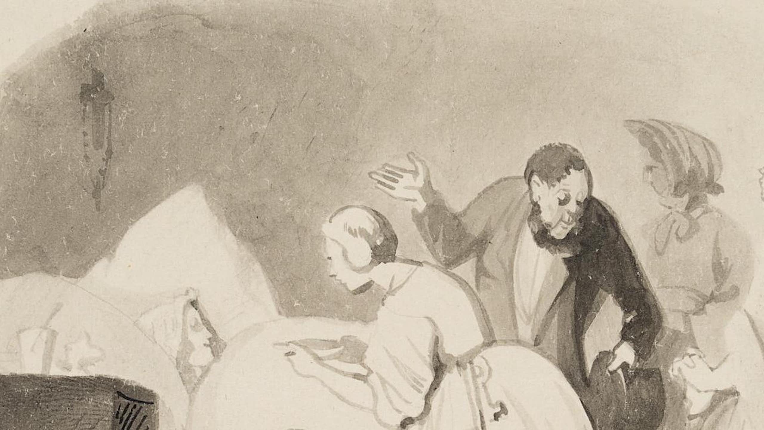 Groupe de personnes au chevet d’une femme allongée dans un lit