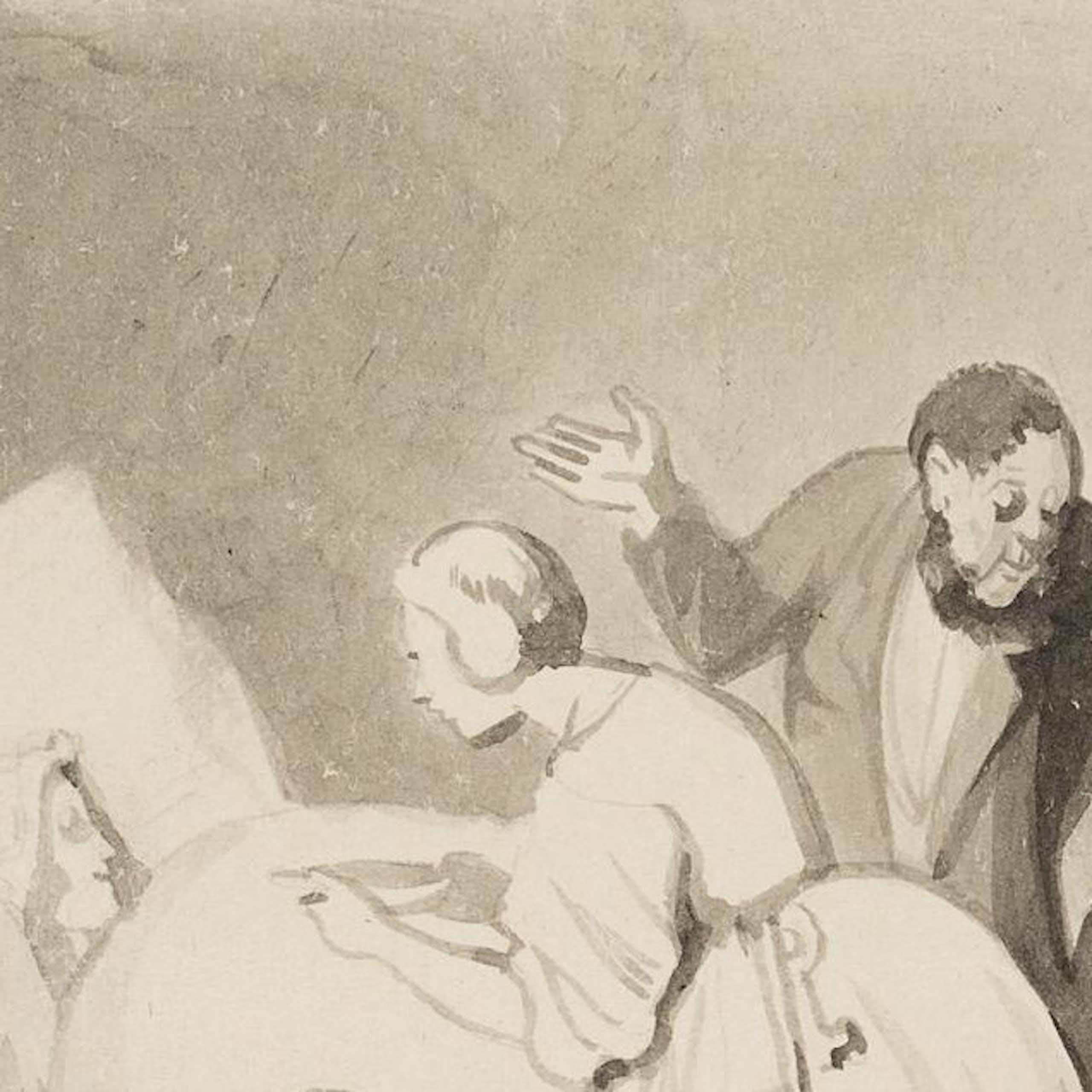 Groupe de personnes au chevet d’une femme allongée dans un lit