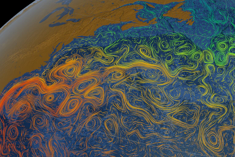 Imagen del océano Atlántico con líneas de colores.