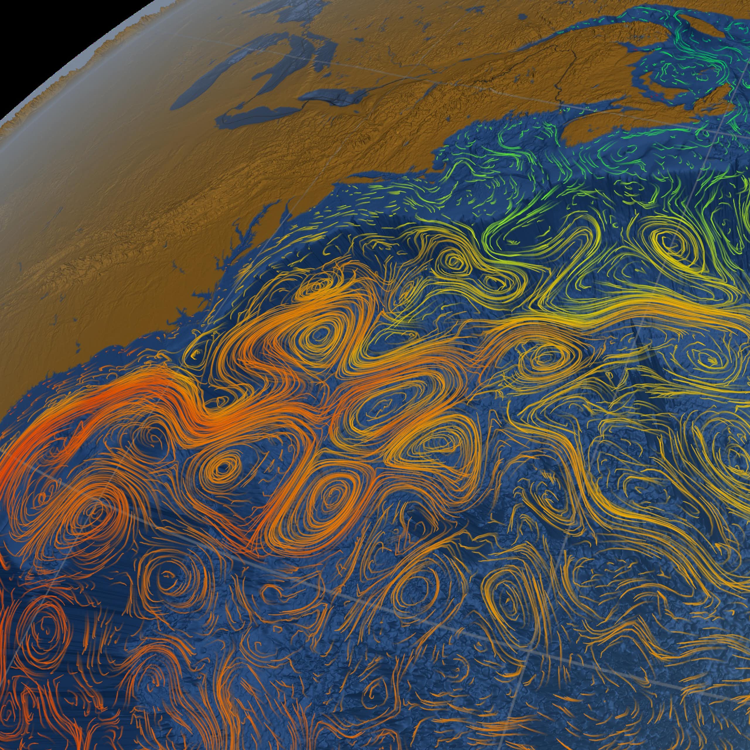 Imagen del océano Atlántico con líneas de colores.