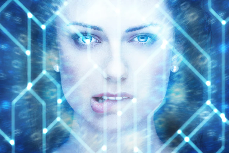 Female robot face bites lip.