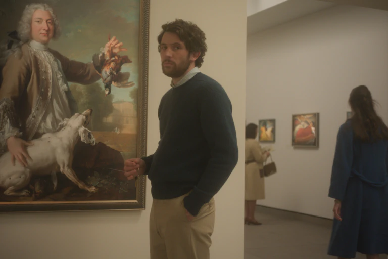 A man stands in front of a portrait of a Regency man