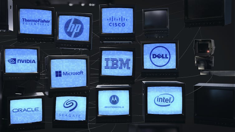 TV screens show the logos of some of the world's biggest tech companies.