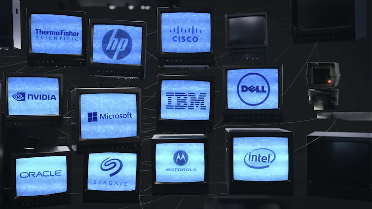 TV screens show the logos of some of the world's biggest tech companies.