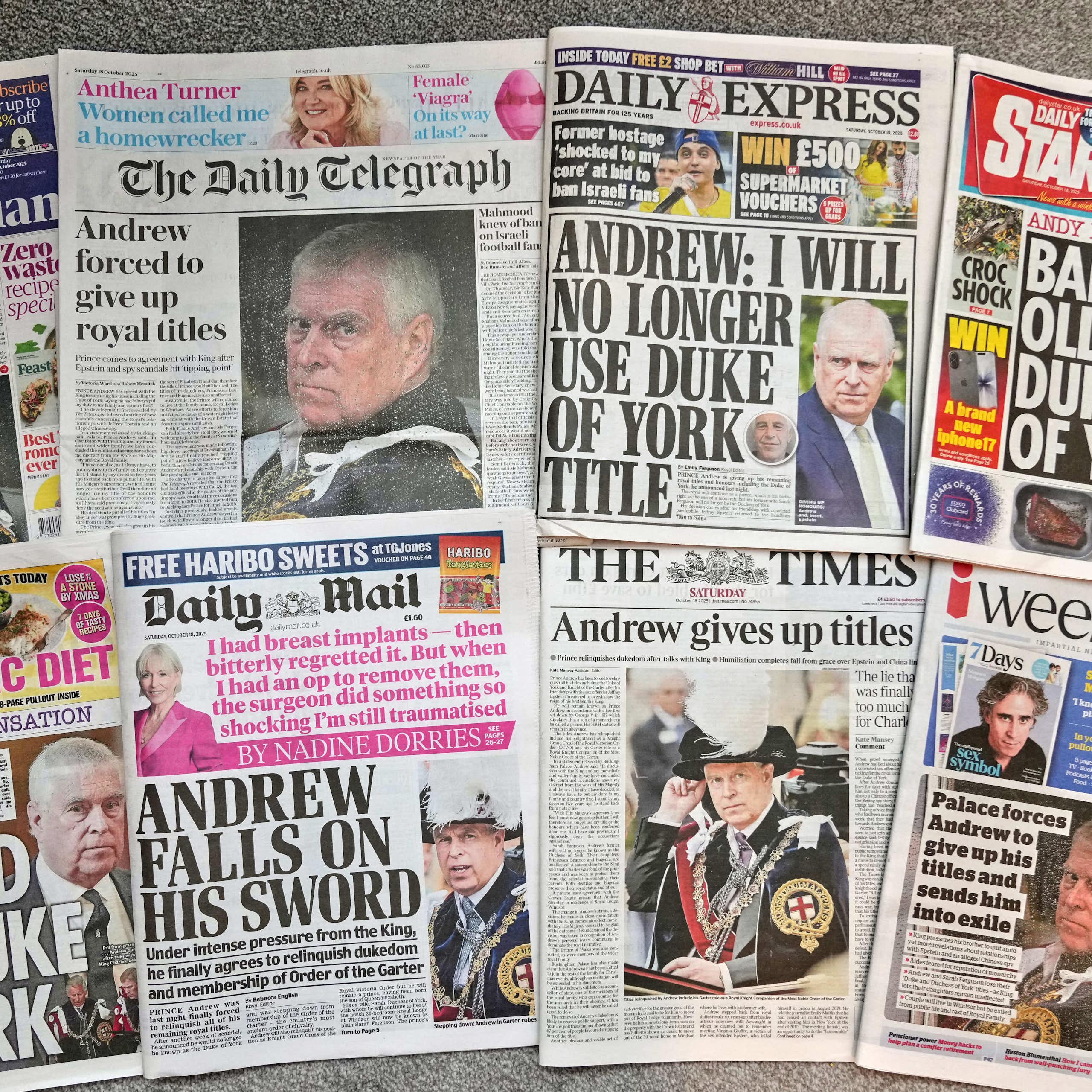 Front pages of newspapers with headlines about Prince Andrew.