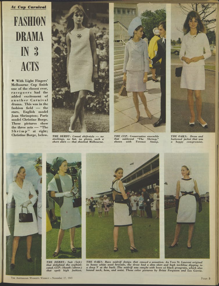 An old newspaper page shows seven panel images of models attending Melbourne Cup events in 1965. To the top-left is a small text panel with the headline 'Fashion Drama in 3 Acts'.