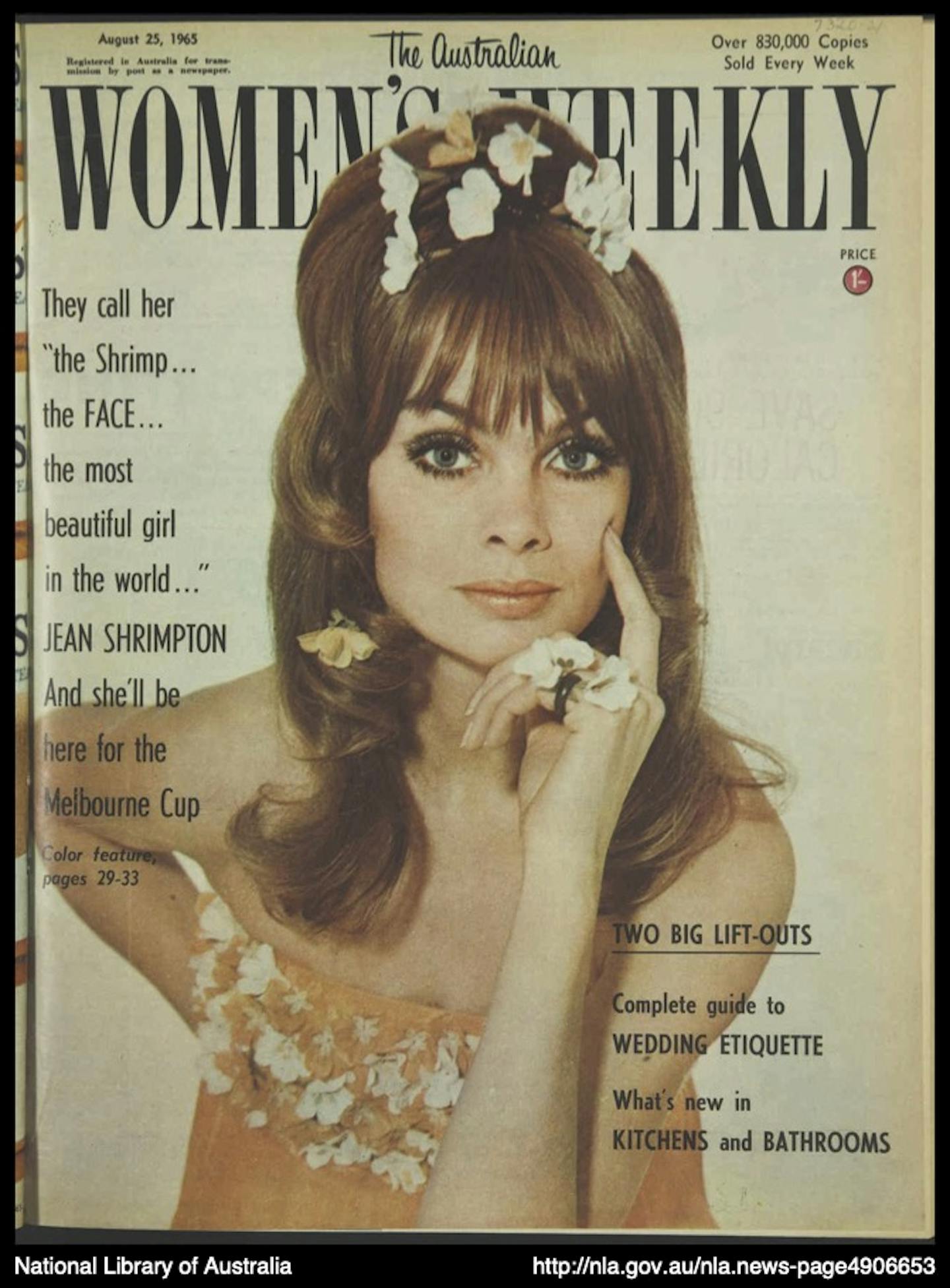 An image of the front cover of the Australian Women's Weekly magazine from 1965, featuring Jean Shrimption in a orange bandeau-like top and hair done up in a bundle with flowers.