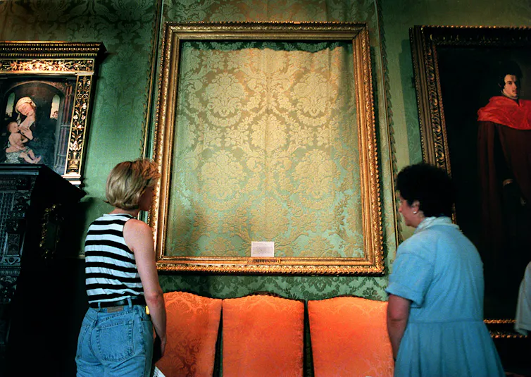 An empty frame in the Boston museum where Rembrandt's 'The Storm on the Sea of Galilee' used to hang.