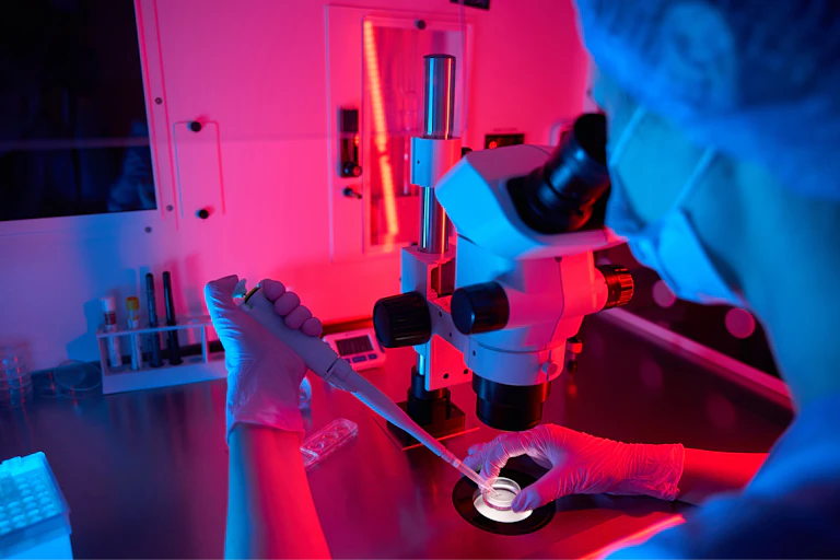 Embryologiste travaillant avec des échantillons sous un éclairage coloré.