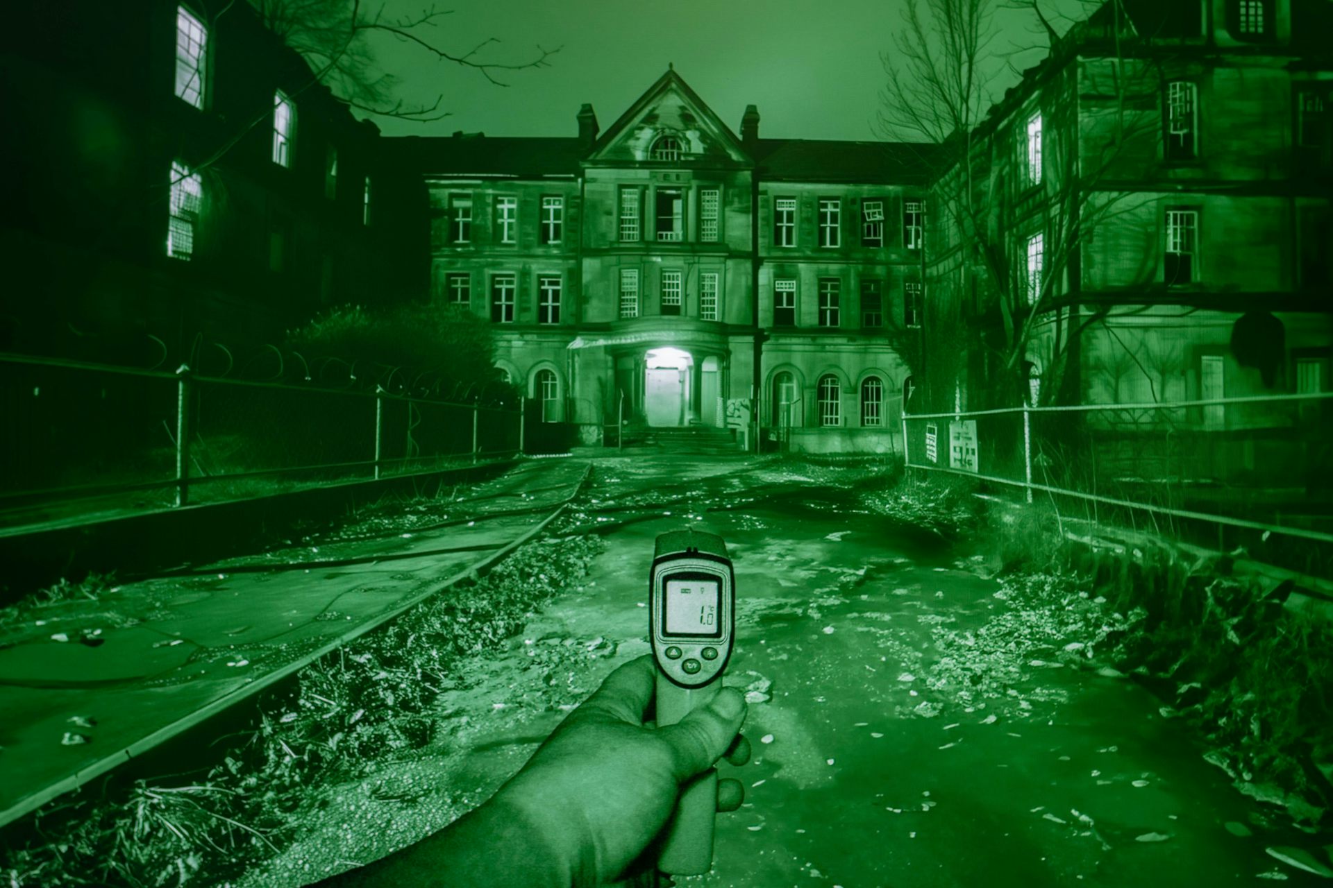 Night vision photo of a spooky building with hand holding infrared thermometer at night.