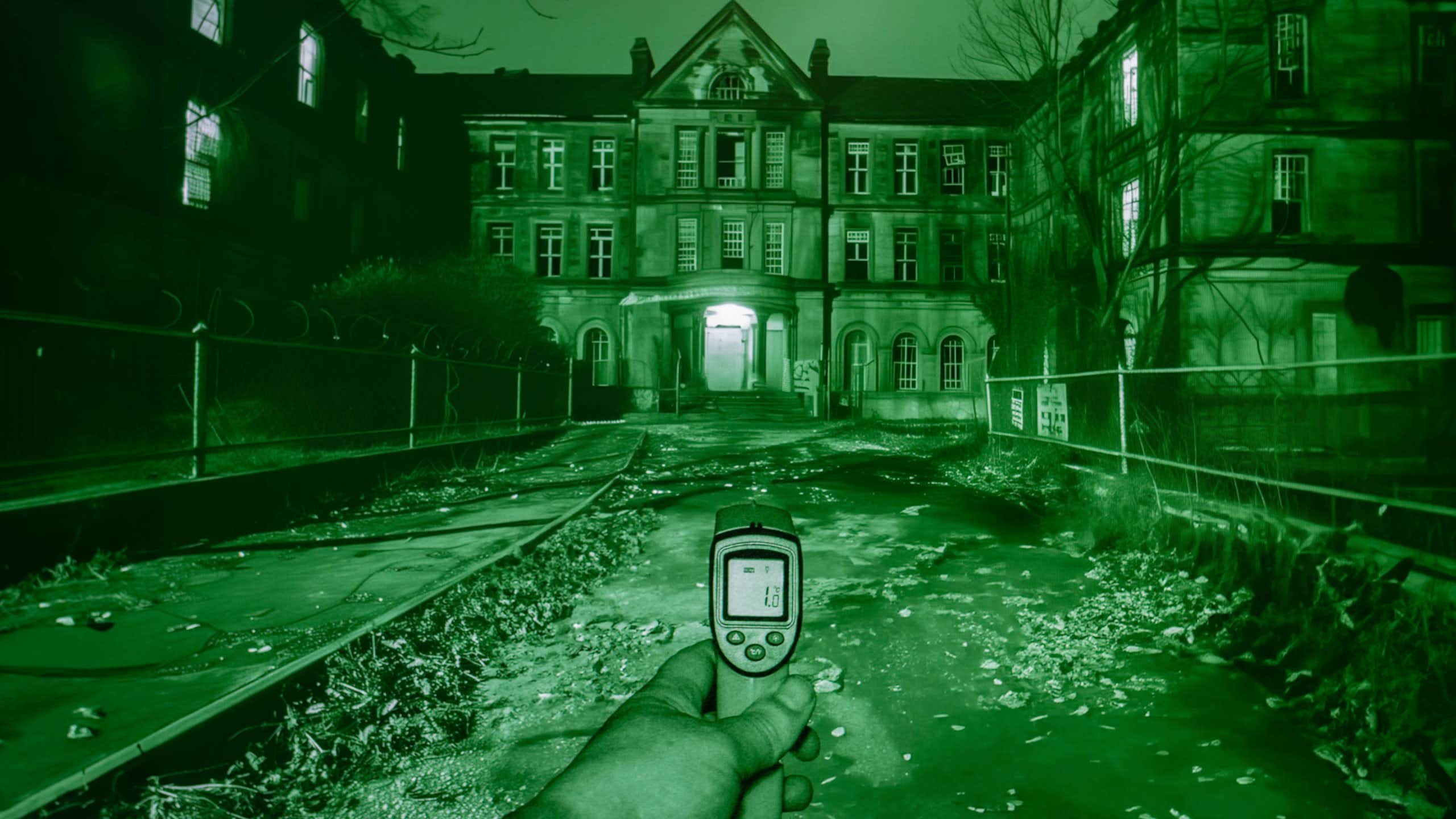 Night vision photo of a spooky building with hand holding infrared thermometer at night.