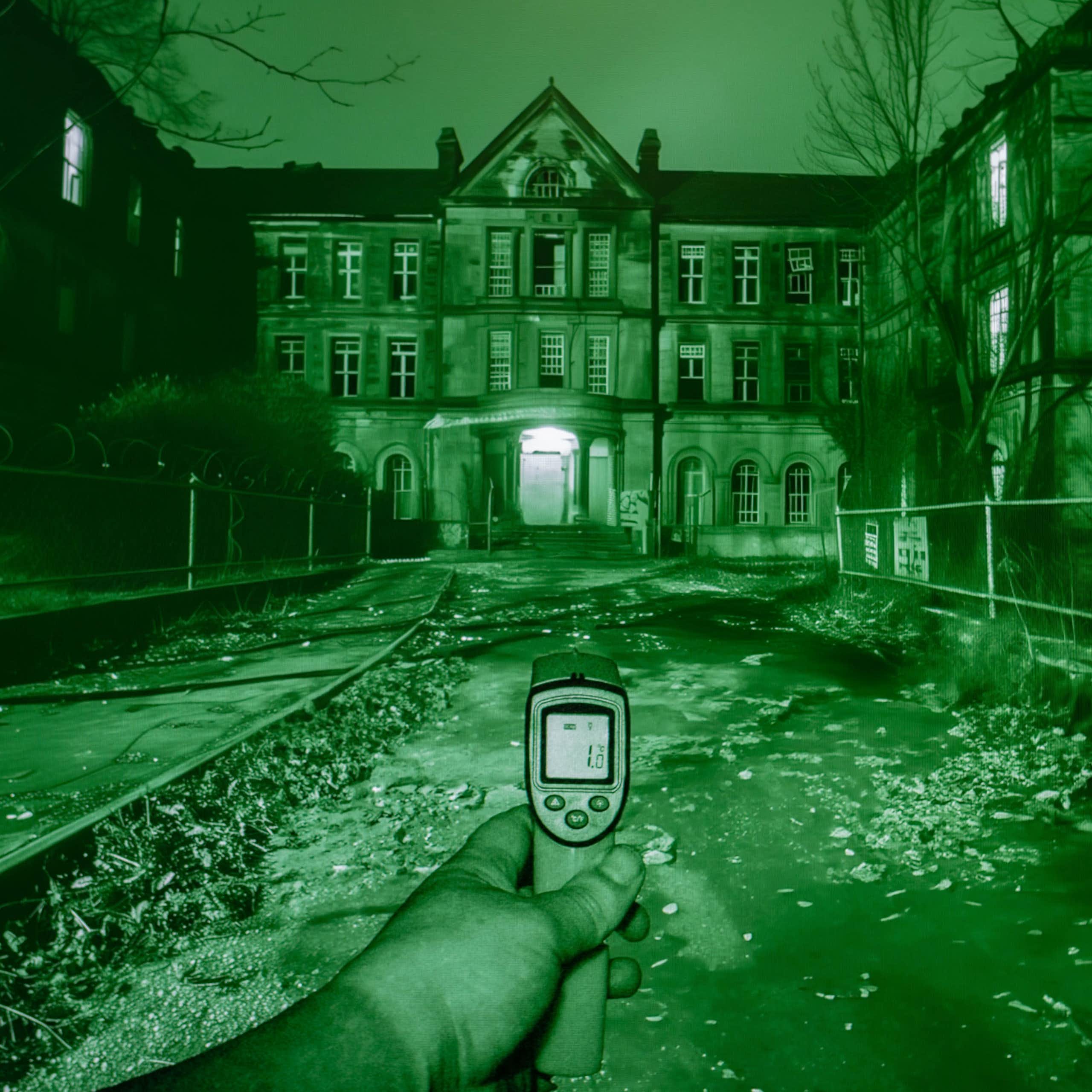 Night vision photo of a spooky building with hand holding infrared thermometer at night.