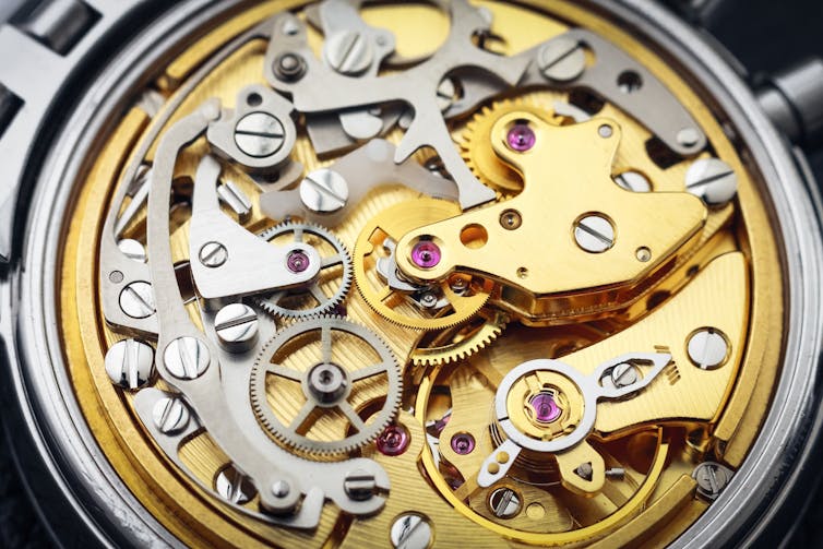 Inner mechanisms of a watch.