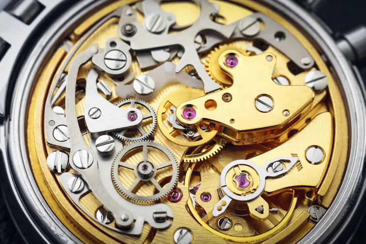 Inner mechanisms of a watch.