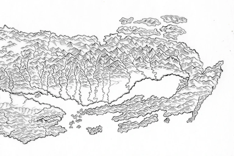 A hand-drawn map of mountains and rivers.