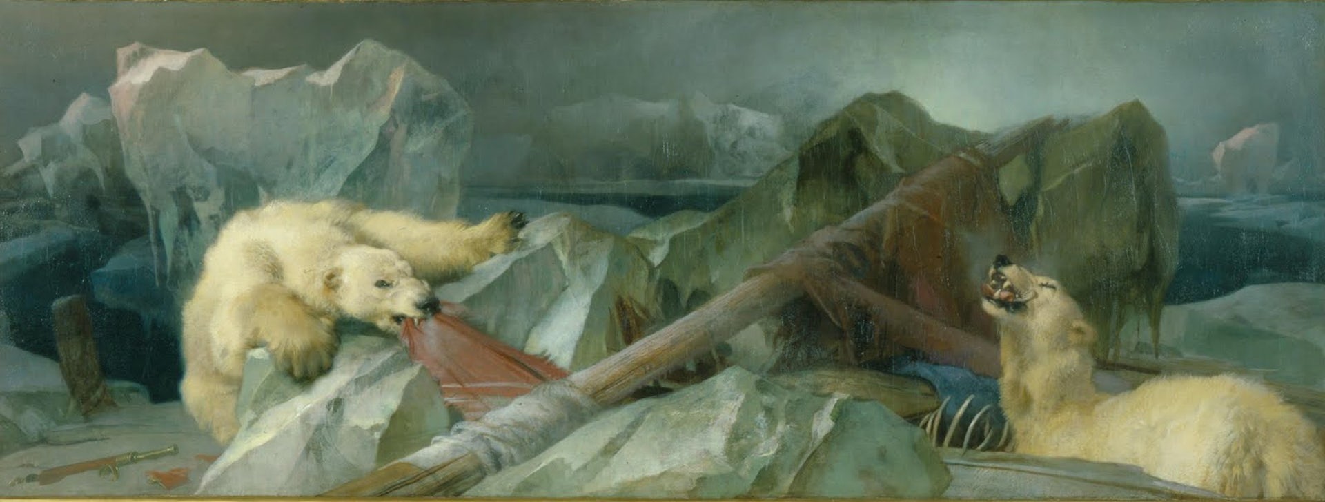 Painting of two polar bears tearing at flesh in the Arctic