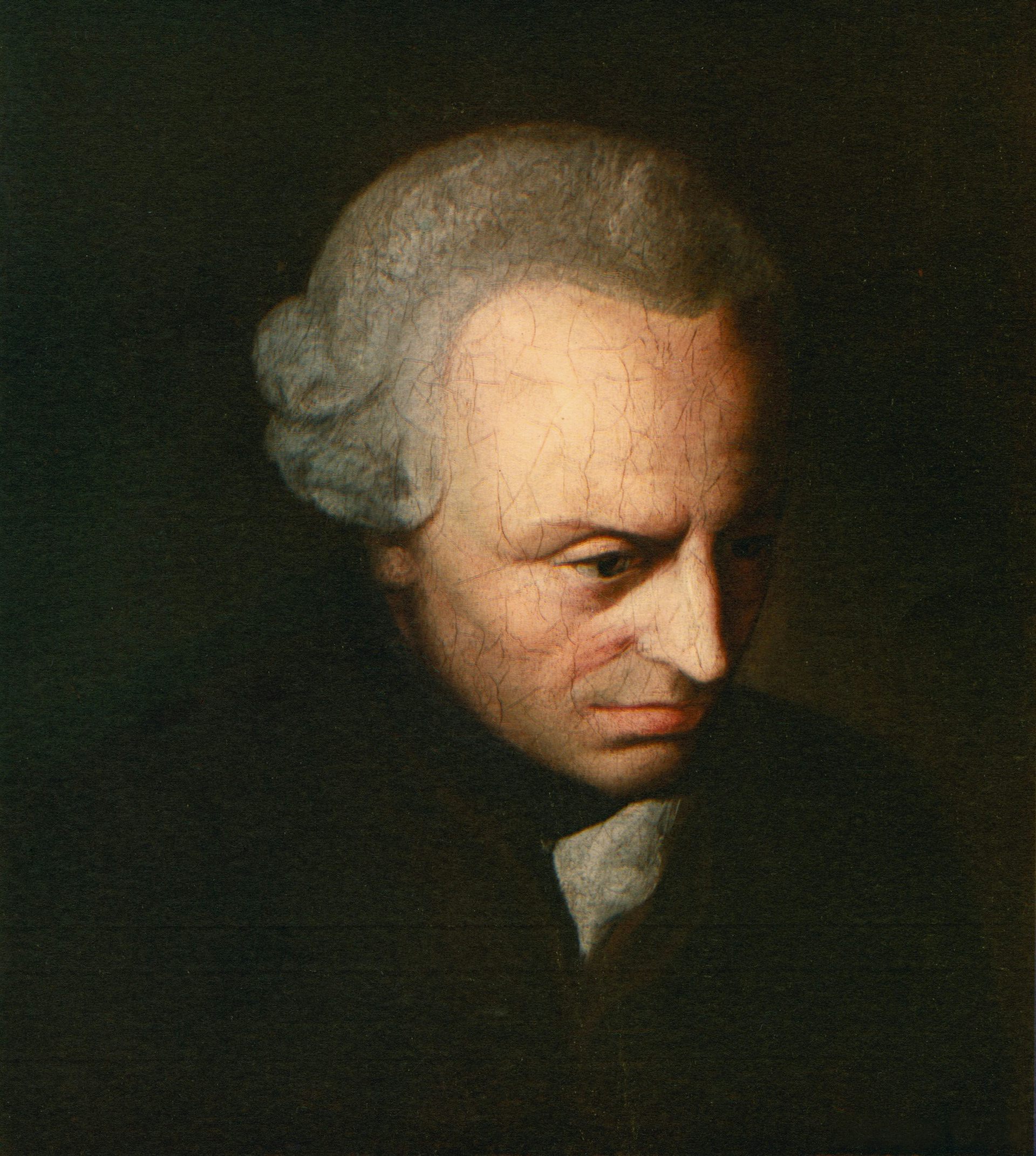 A formal painting of a man with a gray powdered wig, looking down and wearing a dark suit jacket.