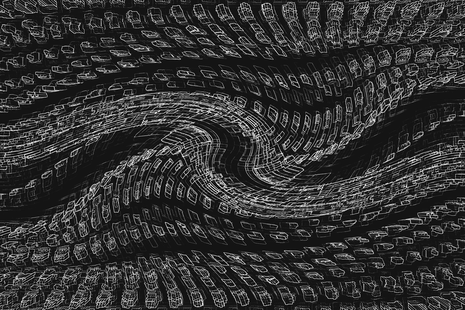 figures abstraites blanches répétées dans un motif sur fond noir