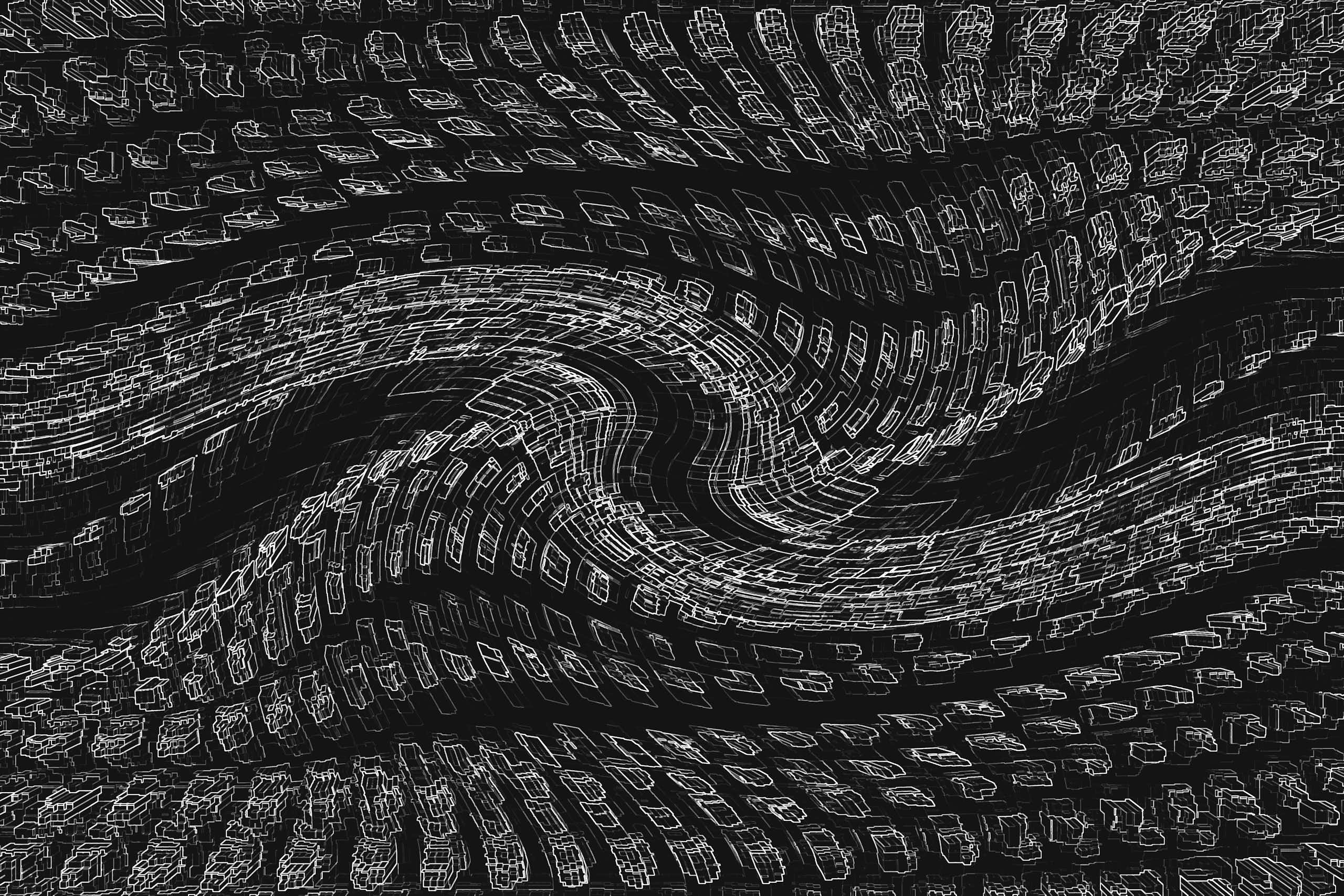 figures abstraites blanches répétées dans un motif sur fond noir