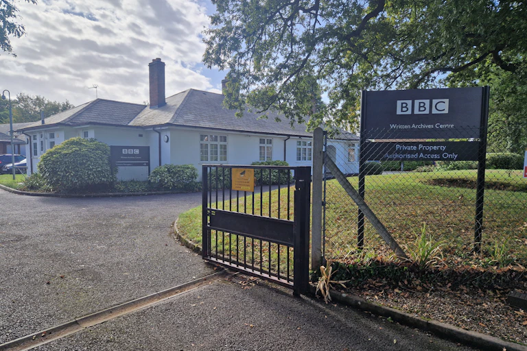 BBC Written Archives Centre, a small bungalow with a sign outside