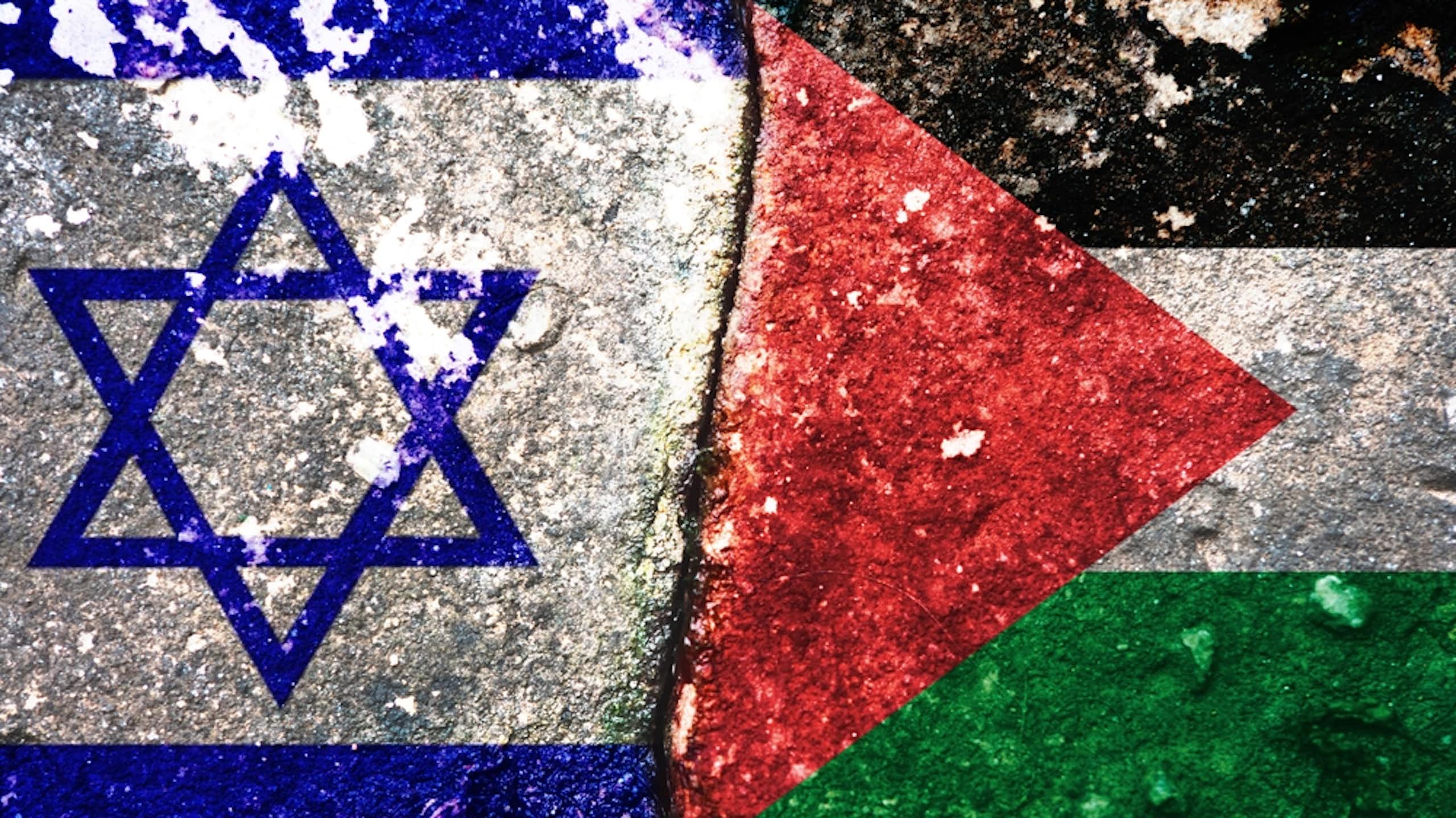 Composaite picture of wartorn Israeli flag next to a wartorn Palestinian flag.