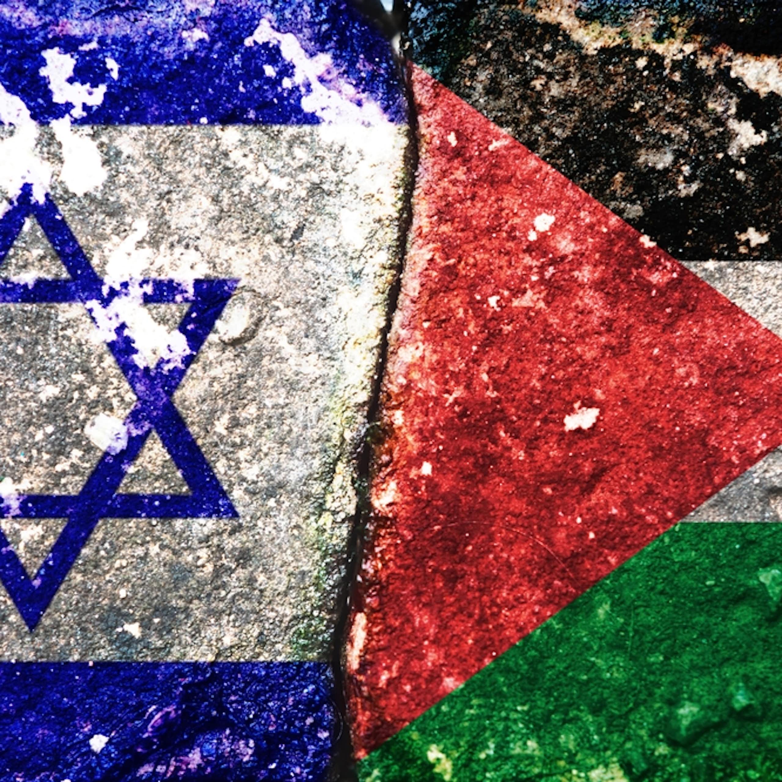 Composaite picture of wartorn Israeli flag next to a wartorn Palestinian flag.
