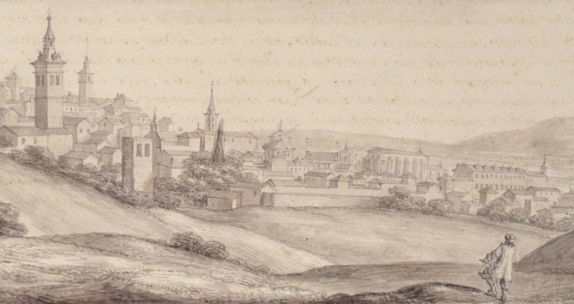 Caricaturist's self-portrait in a cut-out view of the city.