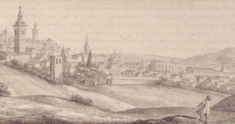 Drawings recreating Seventeenth-century Spain because of a princely voyage 1 Caricaturist's self-portrait in a cut-out view of the city.