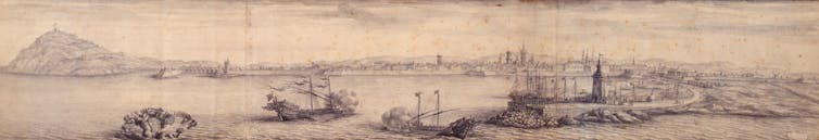 Drawings recreating Seventeenth-century Spain because of a princely voyage 2 A view of Barcelona.