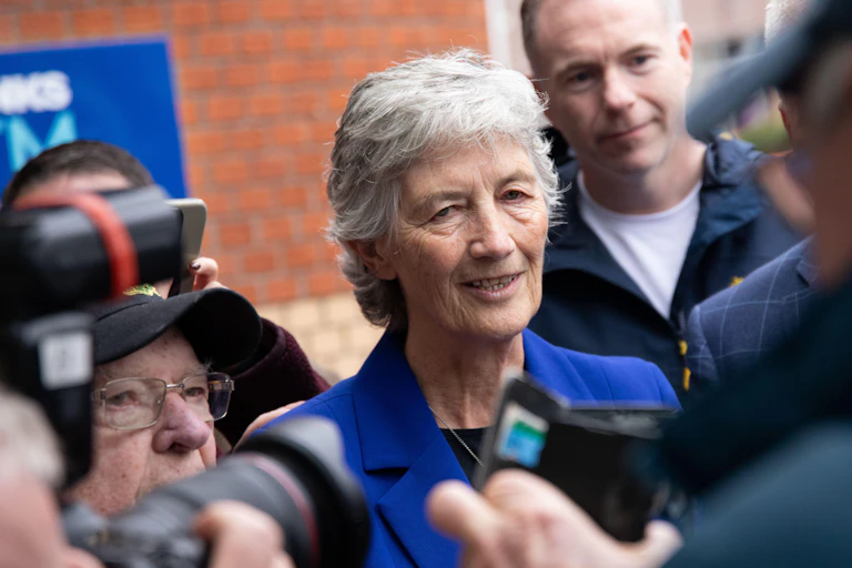 Catherine Connolly talking to reporters.