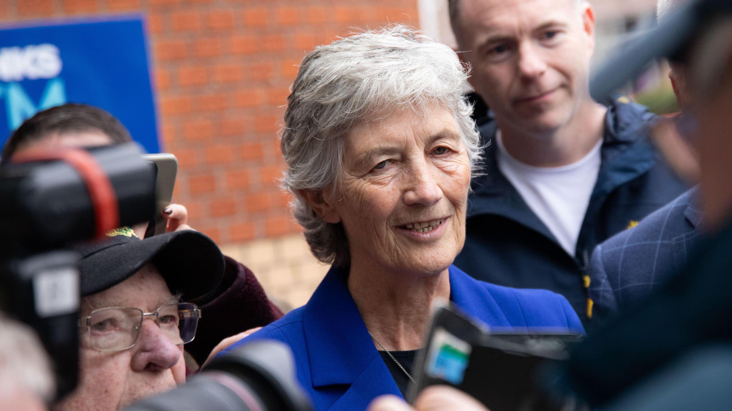 Catherine Connolly talking to reporters.