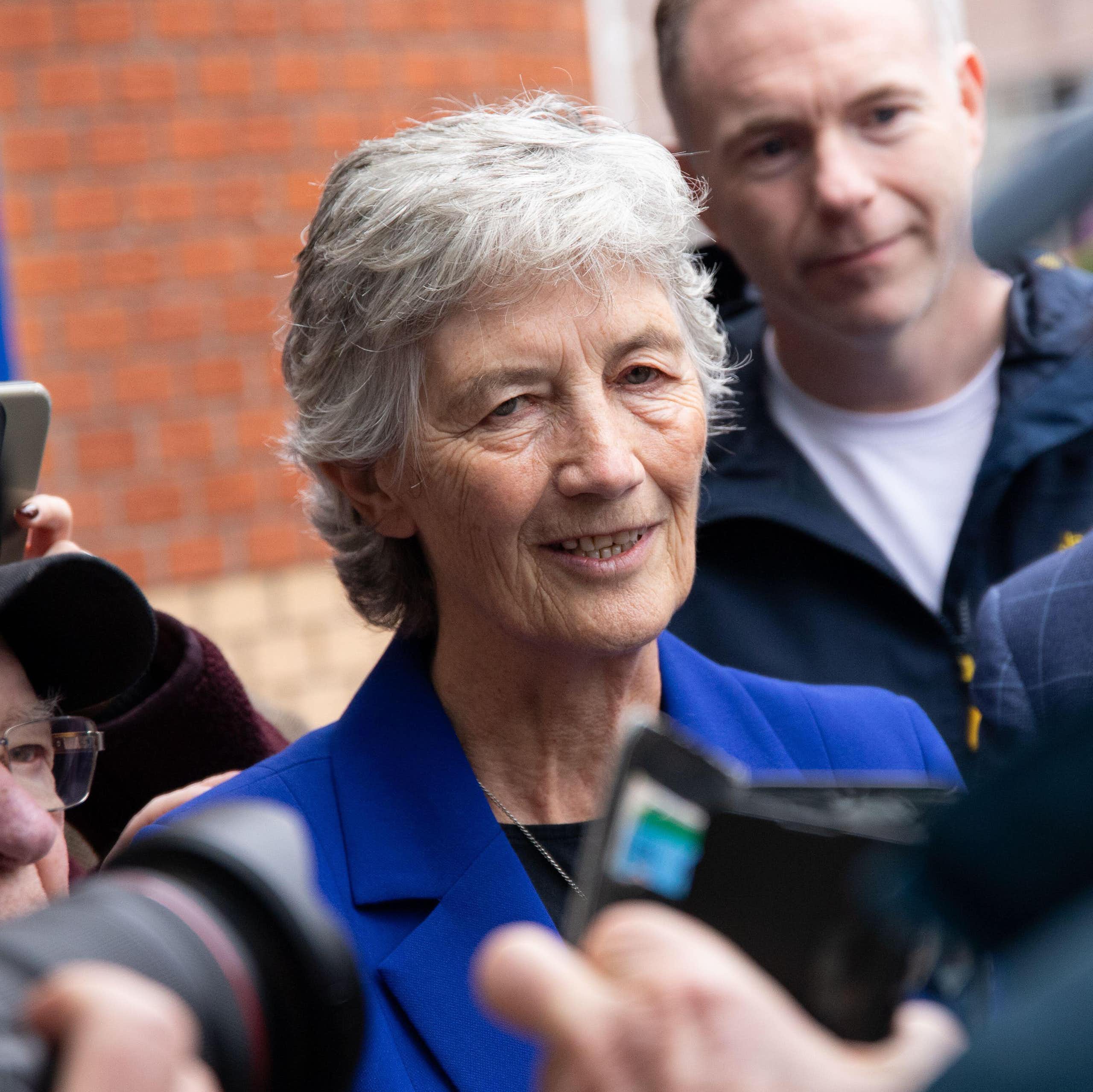 Catherine Connolly talking to reporters.