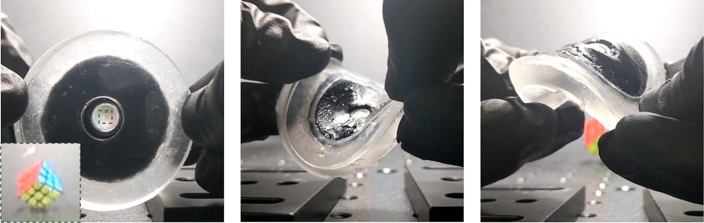 three photos showing a rubbery disk held between two hands
