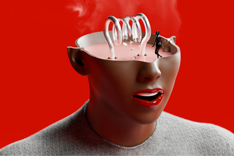 A graphic of a woman's head shows the top part of her head cut off, with a coil inside that appears fried, with smoke coming out of it.