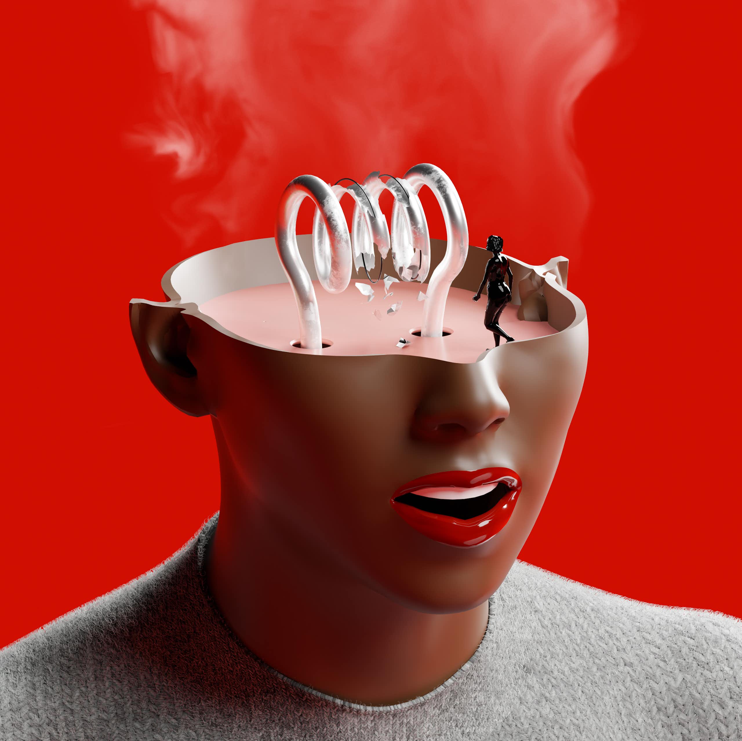 A graphic of a woman's head shows the top part of her head cut off, with a coil inside that appears fried, with smoke coming out of it.