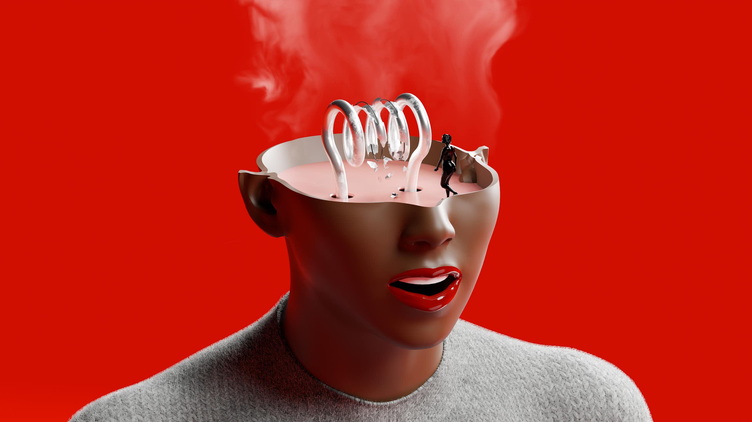 A graphic of a woman's head shows the top part of her head cut off, with a coil inside that appears fried, with smoke coming out of it.