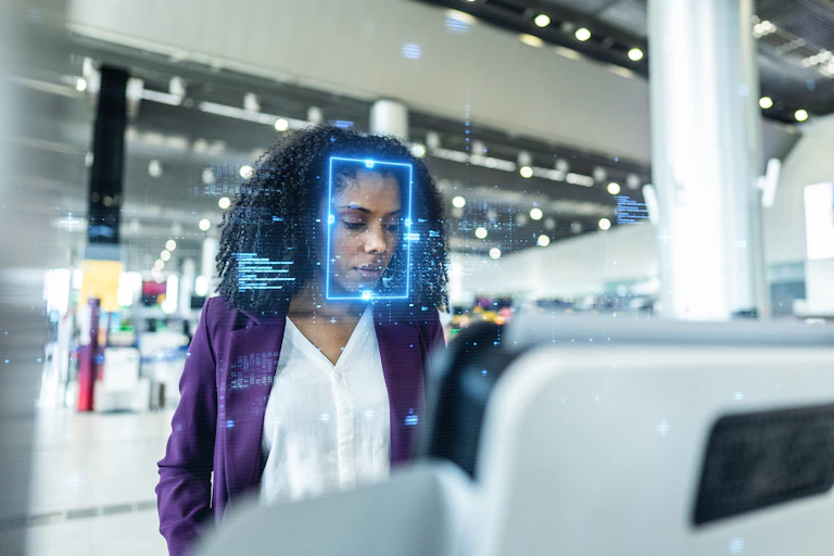 Uma mulher de negócios concentrada está em um quiosque de check-in no aeroporto.