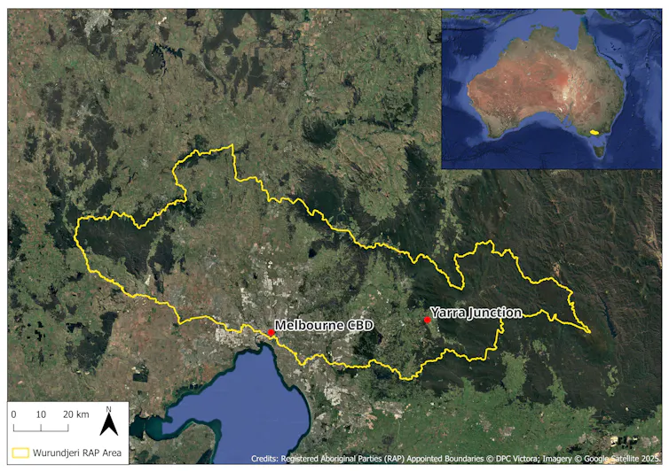Map of Melbourne and surrounds, showing Wurundjeri lands and Yarra Junction to the east.