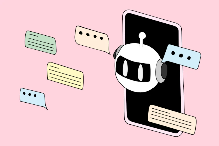 A graphic of a little robot popping out of a screen with chat bubbles on either side