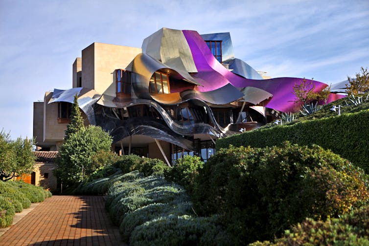 A building of metalic ribbons.