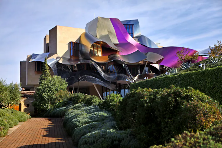 A building of metalic ribbons.