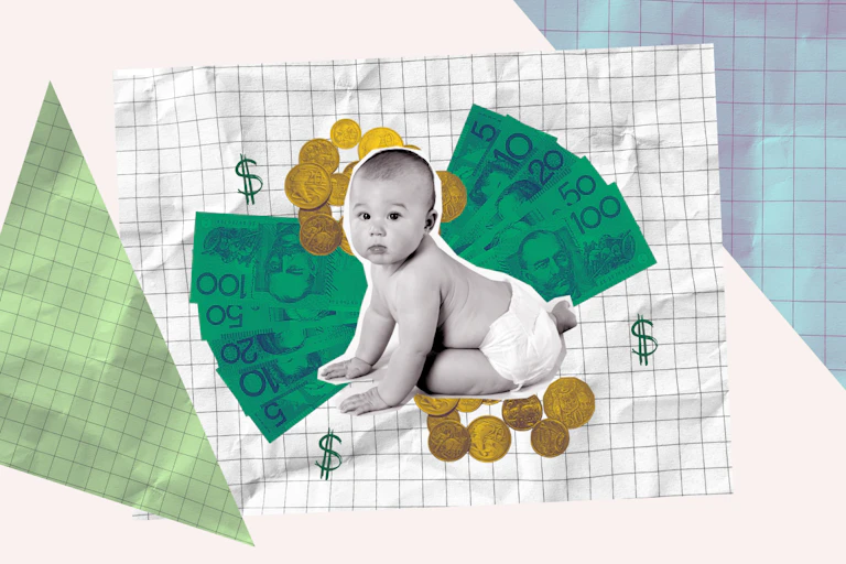 A baby on a composite image backdrop of paper and money