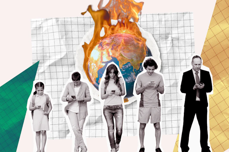 A composite image of a row of young people on their phones as the planet burns