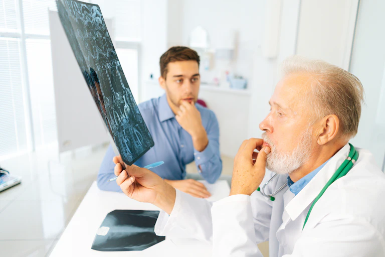 Un médico mira una radiografía de un joven (sentado al fondo con cara de preocupación).