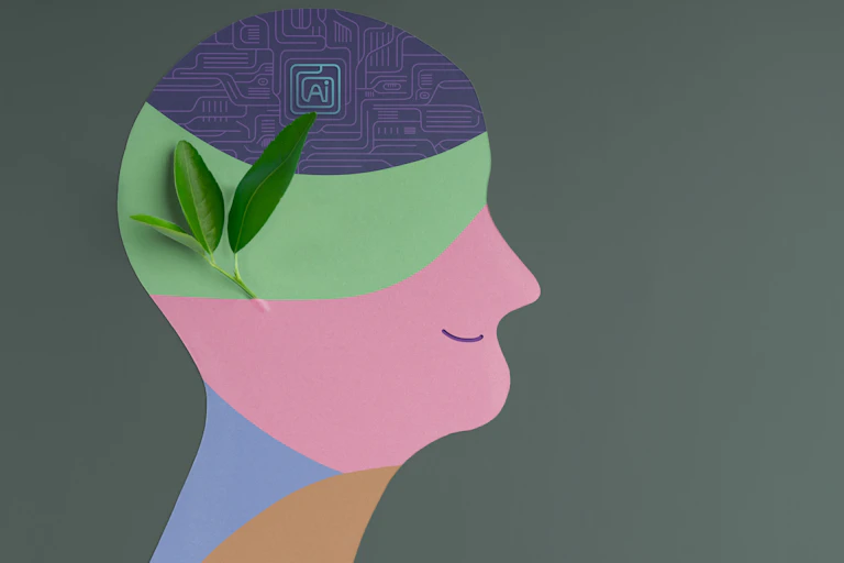 Illustration of a humanoid head with an AI brain and a leaf inside to represent consciousness
