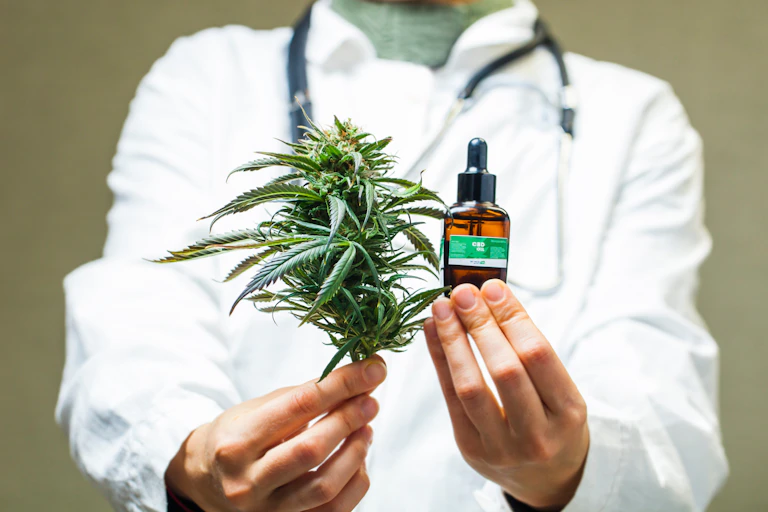 Un médico muestra un planta de cannabis y un medicamento.