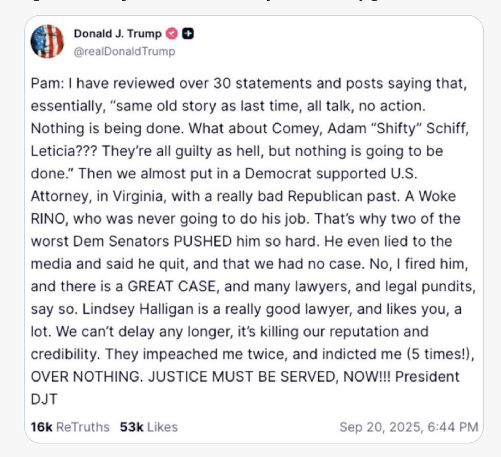 A social media post in which the president urges prosecution of James Comey and others.