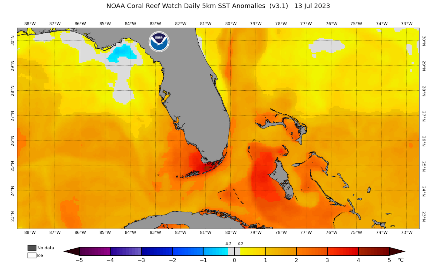 A map showing Florida Keys sea surface temperature more than 7 degrees Fahrenheit (4 degree Celsius) warmer than average
