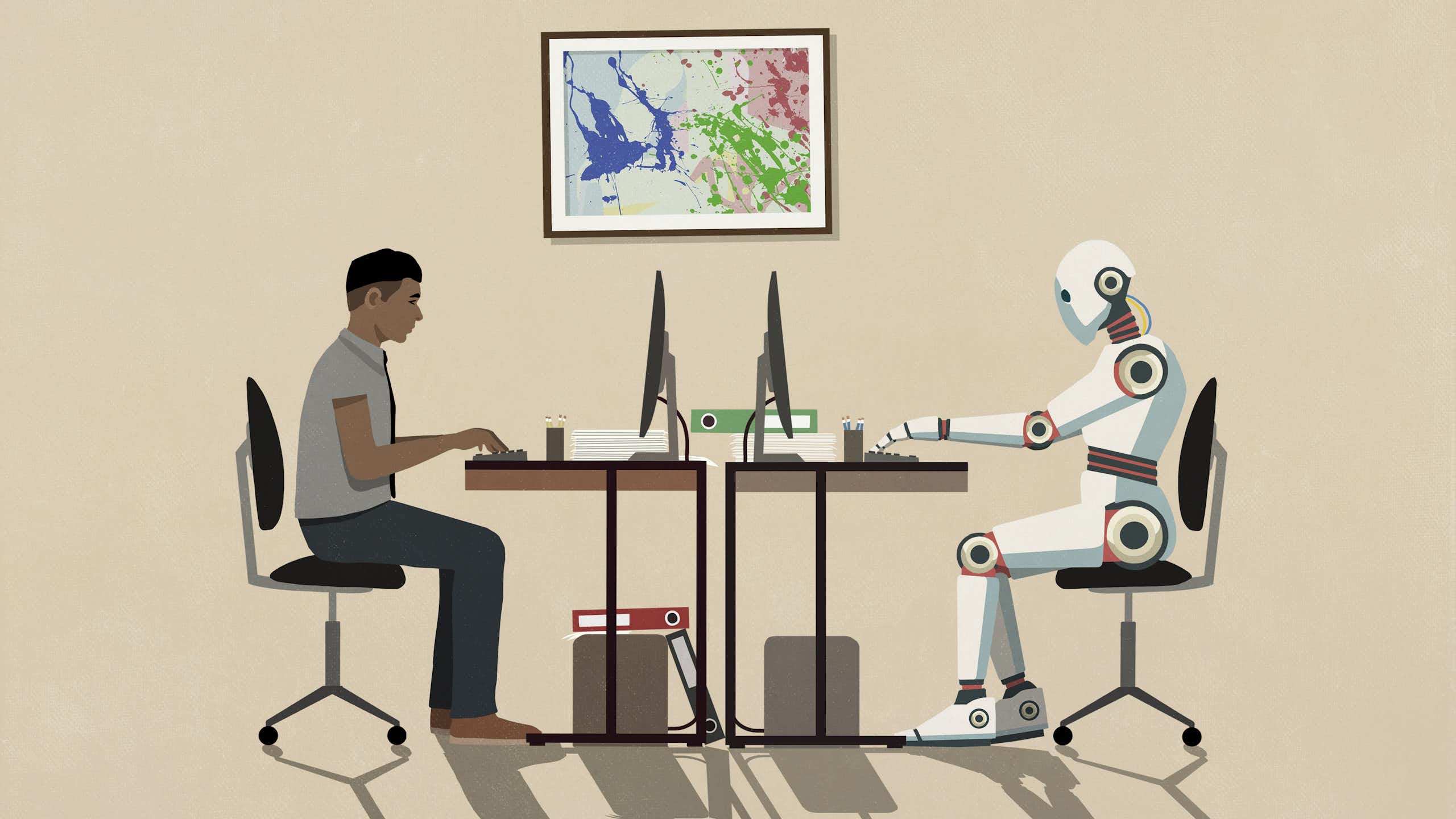 An illustration of a man and humanoid robot, facing each other at a table and working on laptops.
